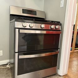 GE Double Oven Gas Range In Stainless Steel