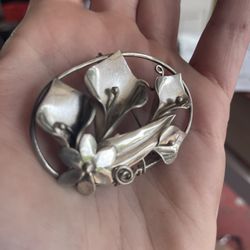 Solid Sterling Silver Flower Brooch Pin