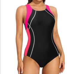 ATTRACO Swim Suits for Women One Piece Racerback Training Swimsuits Modest Bathing Suit Pink L