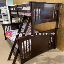 Twin/Full Expresso Bunk bed w. Ortho Mattresses Included 