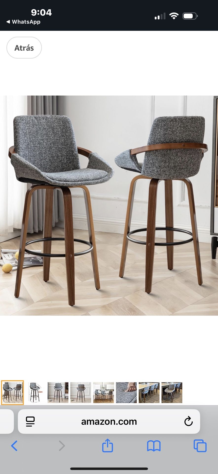 LUNLING Set of 2 Bar Stools 29.5 Inch Counter Height Mid Century Modern Retro Bar Chairs Charcoal Gray Linen Look Fabric Upholstered and Walnut Wo