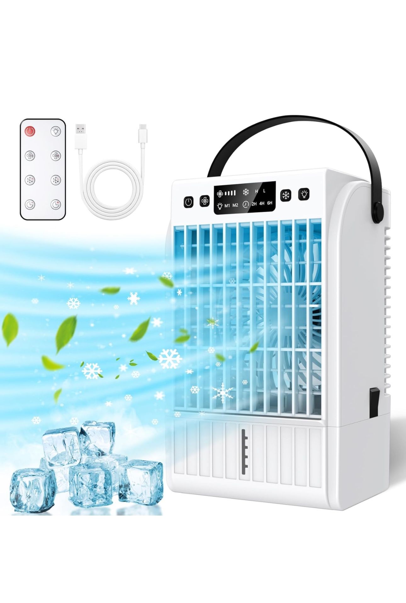 Portable Air Conditioners, 4 Wind Speeds 1500 ML Quiet Portable AC with Remote, 2 Speeds Humidifier & 2-6H Timer Evaporative Air Cooler, 7 Color Light