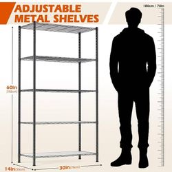 5-Tier Storage Shelves, Adjustable Shelving Unit 150 lbs Loading Capacity, Steel Garage Shelf, Pantry Shelves with 5pcs Liners, 30''W x 14''D x 60''H 