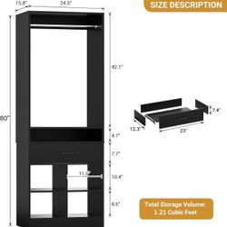 Freestanding Closet System with Wood Drawer and 4 Cubby Storage, Closet Organizer with Hanging Rods & Shelves, 25" W X 80" H Clothes Garment Rack, Wal