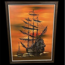 Original 1960s Vanguard Studios Artist Signed Painting Orange Sunrise Ship Seascape Vintage 34x44