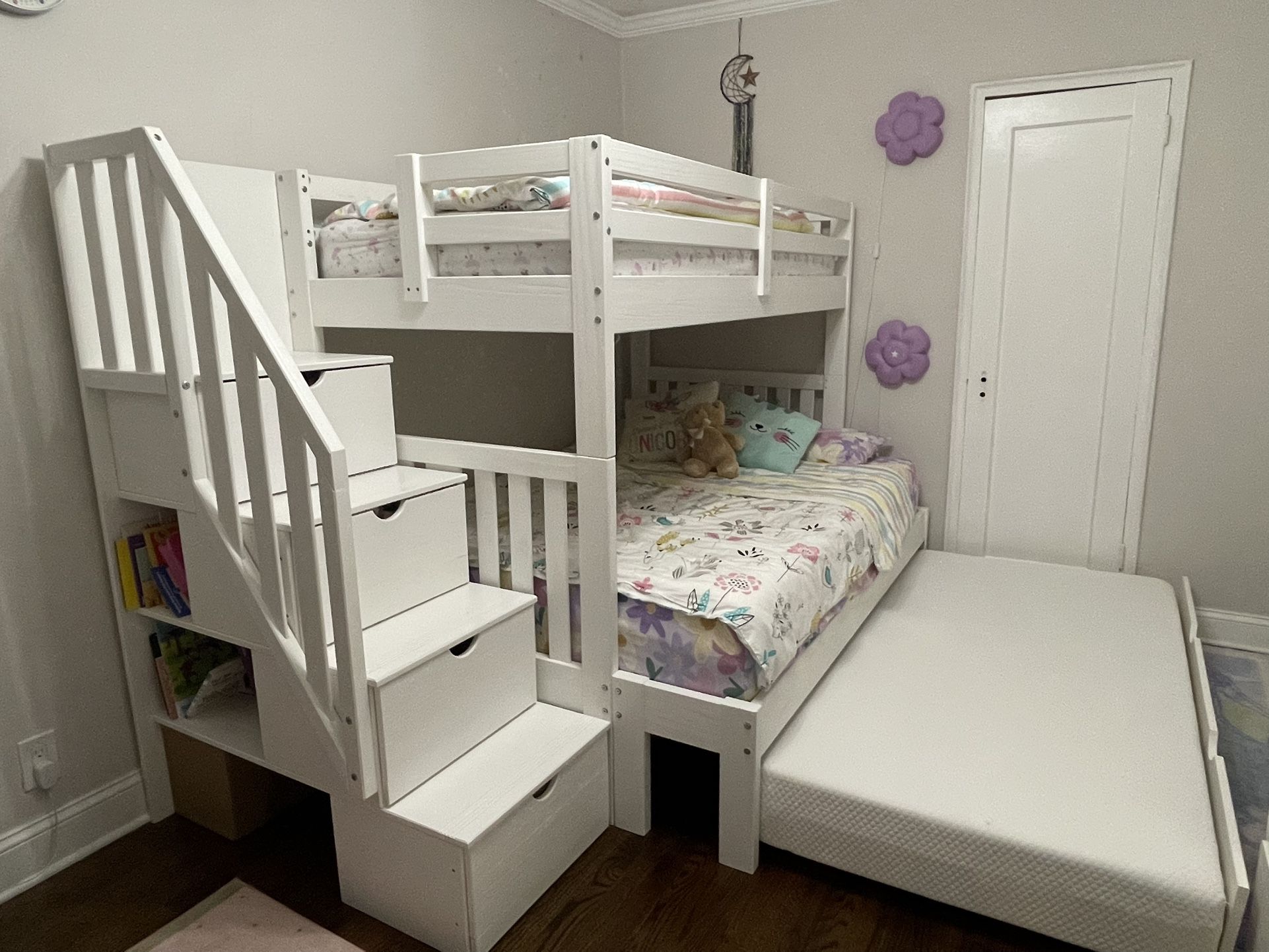 Twin Over Full Bunk Bed With Trundle And Staircase White