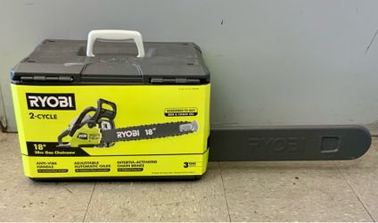 Open Box Ryobi 18 inch 38cc Gas Gasoline powered Chainsaw saw Heavy duty cutter cut wood plastic nylon job site professional yard work residential hom
