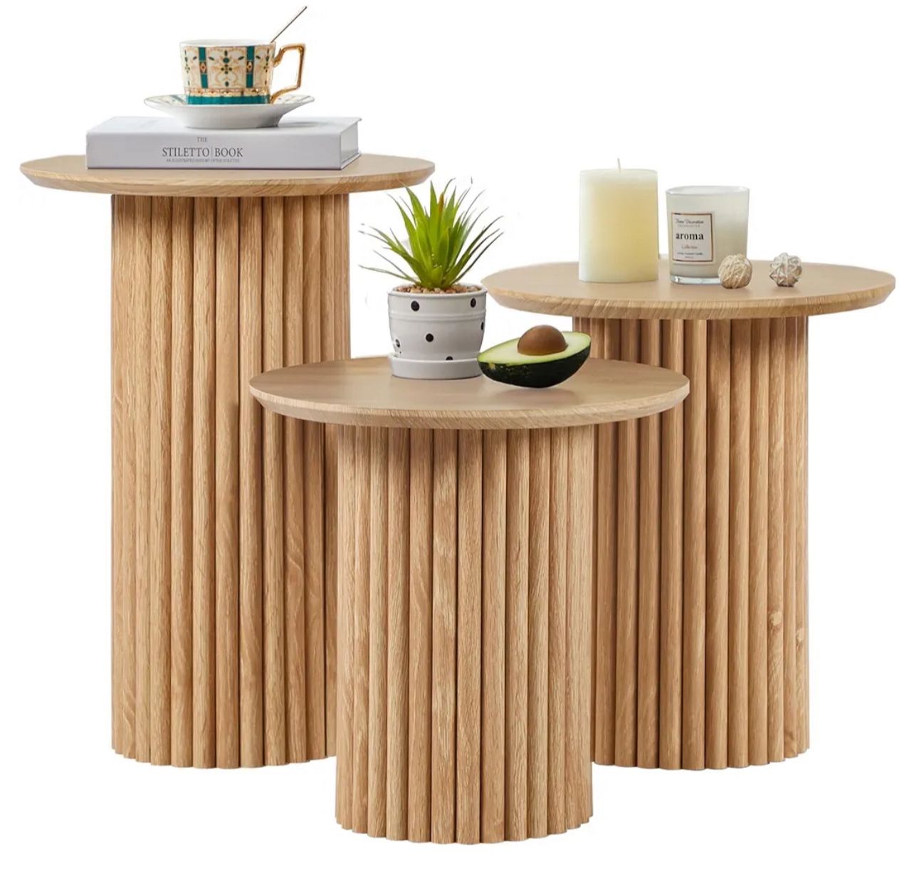 Brand New In The Box- Round Nesting Coffee Table Set of 3,Mid Century Modern Fluted Coffee and End Table Set,Small Circle Wooden Side Table Drink Tabl