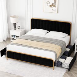 Upholstered Velvet Full Size Bed Frame with 4 Storage Drawers and Headboard