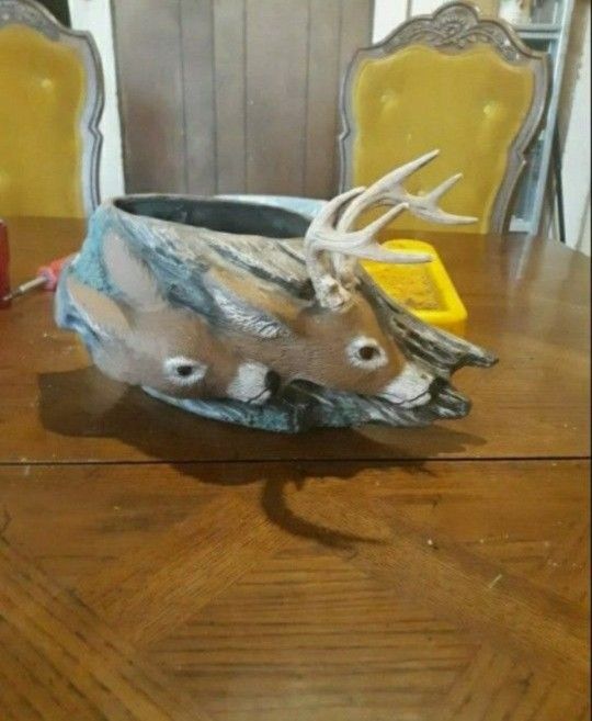 Porcelain Ceramic Buck & Doe On Side of Stump Planter Container Collectible