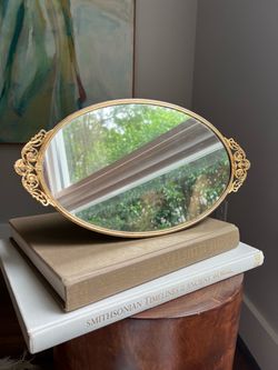 Vintage Gold Tone Filigree Mirrored Vanity Tray ( 15” x 8” ) firm on price