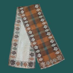 Vintage Reversible Plaid Fall Leaves Woven Fringed Table Runner 72"L