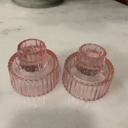 Rose pink glass candle holder set