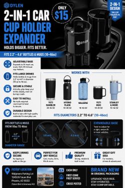 DYLEN 2-in-1 Car Cup Holder Expander & Adapter – Fits Yeti, Hydro Flask & Large Water Bottles