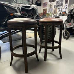 2 Leather And Wood Barstools 