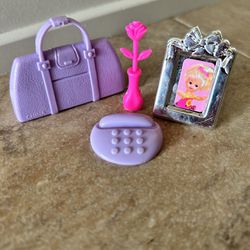 Vintage Barbie Accessory - Pink Flower In A Vase, Phone, Purse, & Picture Frame