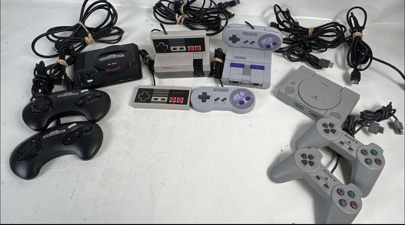 Classic Mini Console lot!!! x4 NES, SNES, SEGA, and PS1 w/ controllers
