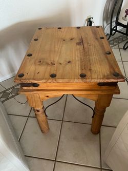 Rustic Pine Wood End Table with Iron Accents