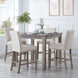 Farmhouse Style 5-piece Square Bar Table Set, 4 Upholstered Counter Stools with Bar Table Dining Set
