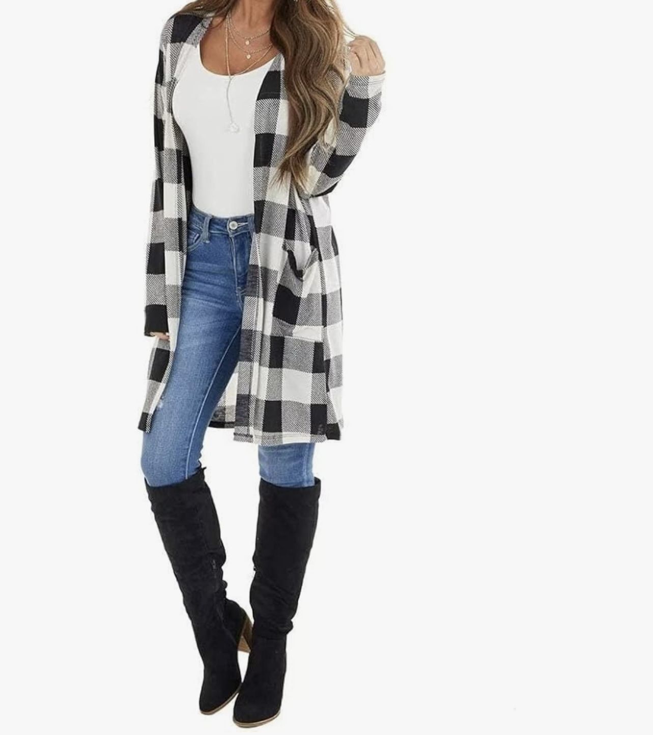 Buffalo Plaid Open Front Cardigan Sweater - Black and White