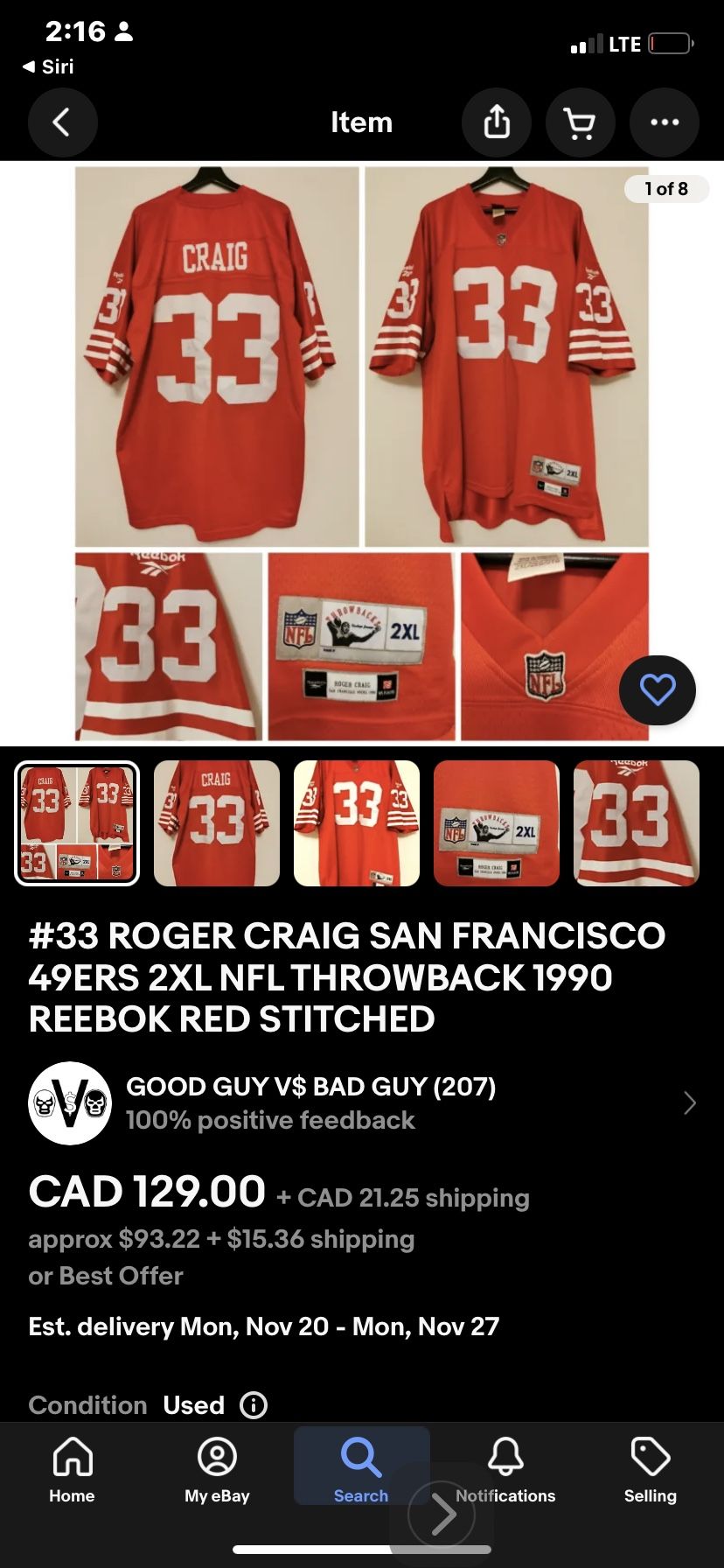 Roger Craig Reebok throwback 1990 2X