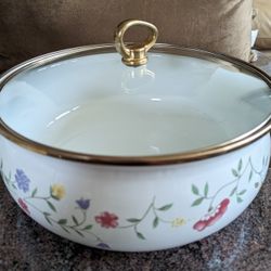 4.5 Qt Enamel Floral Pot With Glass Lid