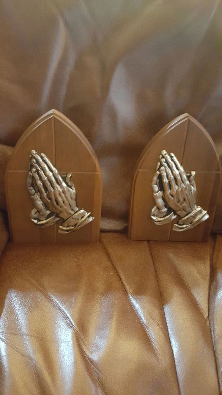 Vintage Bookends Praying Hands Wood & Brass with Red Felt on Bottom