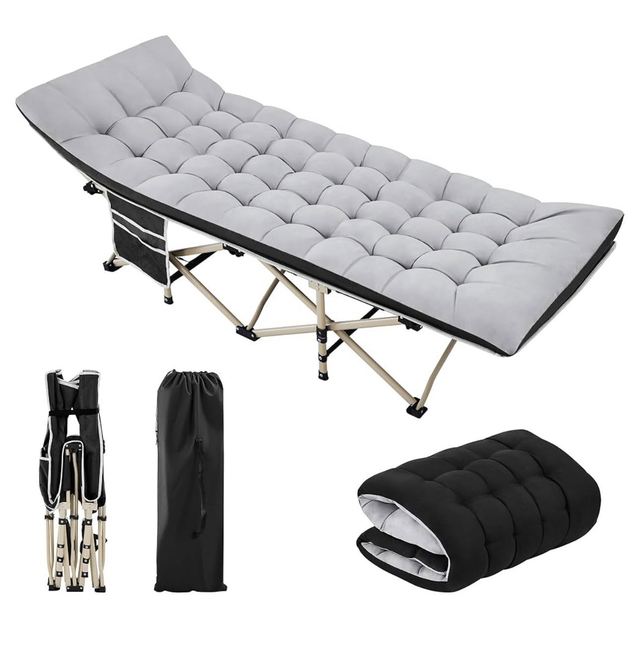 Folding Camping Cot Portable Outdoor Bed for Adults w/Mat & Storage Bag & Carry Bag, Heavy Duty Cots for Outdoor Travel & Office/Home Nap