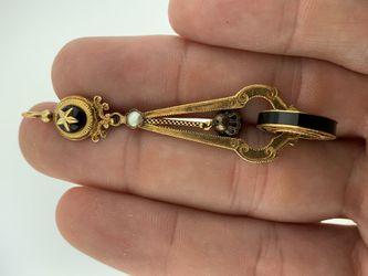 Victorian 15K Yellow Gold~Onyx~Seed Pearls w/ Guilloche Enamel Long Drop Pendant