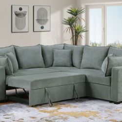 92"W Gray Woven Sleeper Sectional Sofa with Throw Pillows