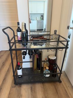 Black Metal Bar Cart with Glass Shelves