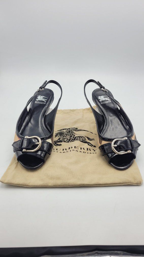 Burberry Nova Check Patent Leather Sling Back Sandals