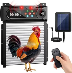 Brand new! Automatic Chicken Coop Door Solar Powered
Flashing Light Alarm Remote With Timer/Light Sensor, Rechargeable Remote Control & Anti-Pinch Saf