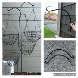 4 Hanging Metal Flower Baskets- 2 Large Wall Hanging Hooks, 2 In Ground Metal Basket Hooks 
