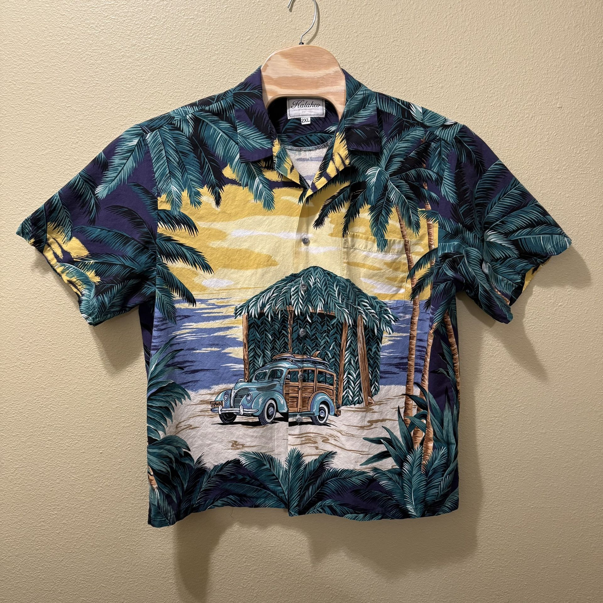 Men’s 2XL Vintage Kalaheo Multicolor Yellow Woodie Wagon Hut Hawaiian Shirt