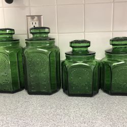 Vintage Wheaton N. J. Emerald Green Glass SUNFLOWER Etched VINTAGE Jars (4) Kitchen Canister Set
