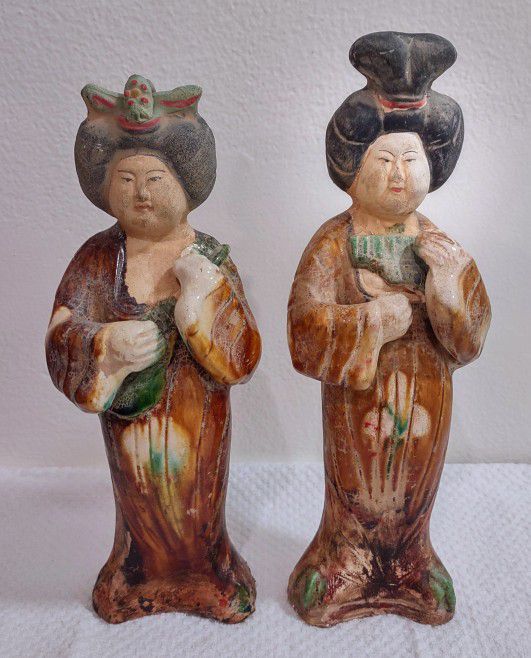10" & 9" Two Vintage Chinese Tang Tri-Colored Glazed Tomb Ceramic Beauty Statue.