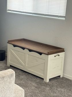 White wooden storage bench