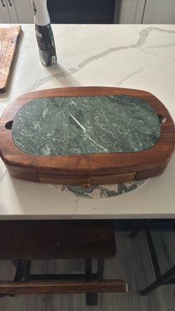 Wood and Marble Inlay Serving Board with Drawer