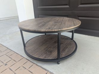 WiberWi Round Coffee Table 35.8" Circle Coffee Tables for Living Room Rustic Industrial Cocktail Table with Sturdy Metal Frame and Open Storage Shelf