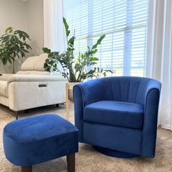 Blue Velvet Swivel Chair And Ottoman Set