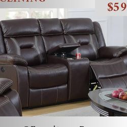 Leather Love Seat With Power Reclining Chairs, Console & Cup Holders