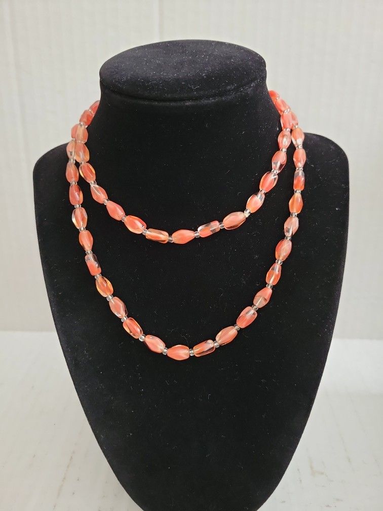 Vintage Amber Orange Glass Beaded Necklace 29" Small Bean Shape Crystal Spacers F9