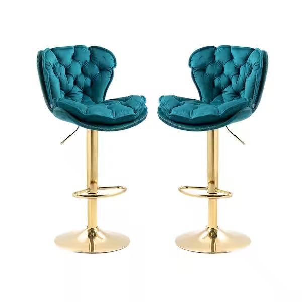 44 in. Teal Velvet Swivel Low Back Matal Frame Adjustable Cushioned Counter Height Bar Stool (Set of 2)