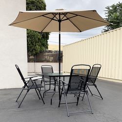 (NEW) $140 Patio 6 Piece Outdoor Set with 32x32” Table, 4pc Folding Chairs and 10 FT Tilt Umbrella 