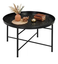 New Vintage Inspired 24” Round Black Hammered Metal Coffee Table with Organic Design