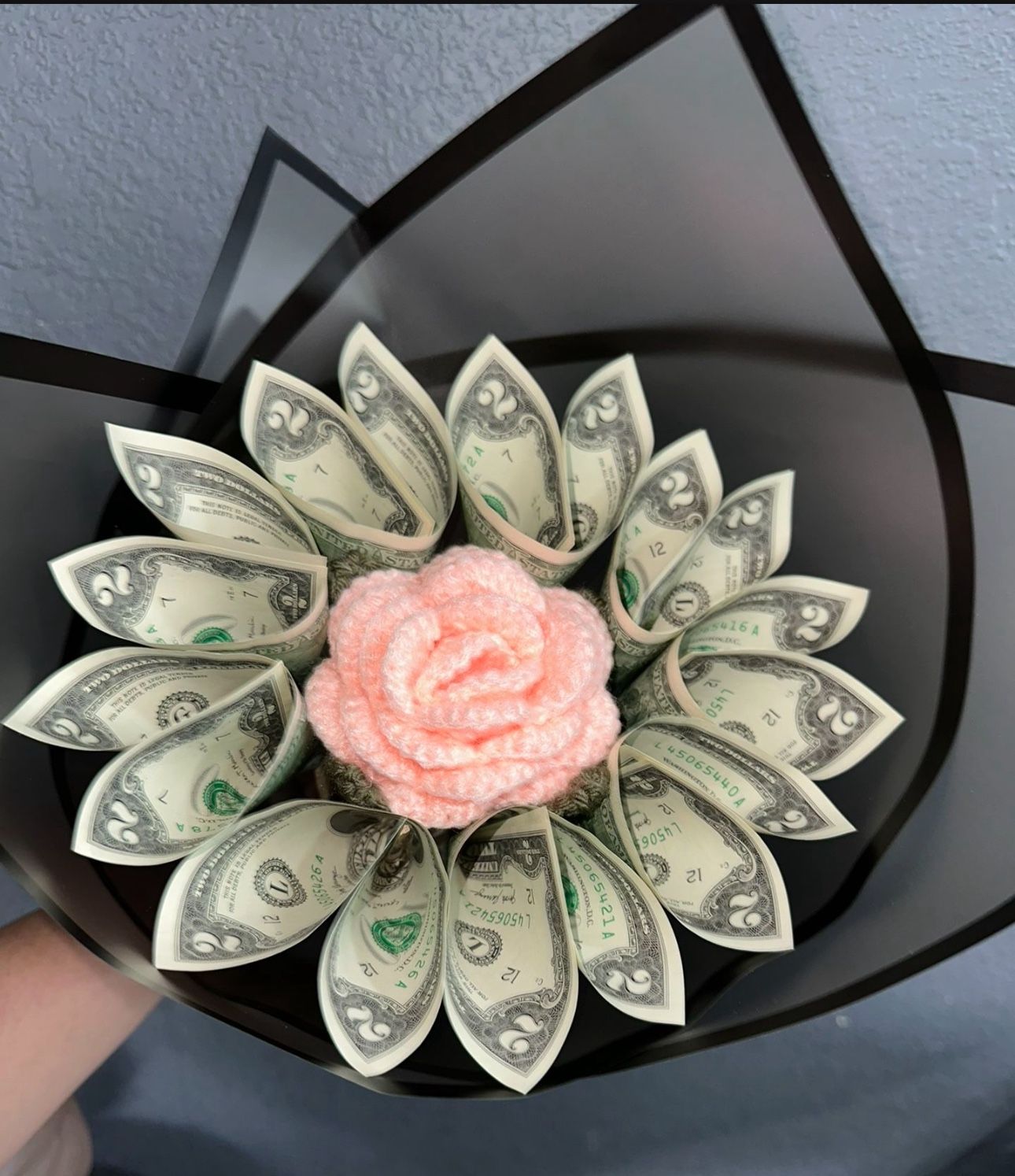 Money Bouquet & Crochet Rose Yellow $2 Bills