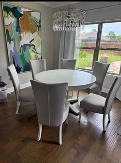 Canadel 54 inch distressed white table with 6 chairs.