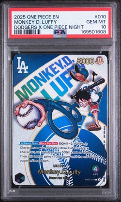 2025 One Piece × Los Angeles Dodgers Monkey D. Luffy promotional card, graded PSA 10 GEM MINT
