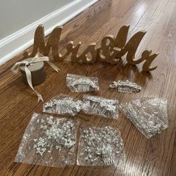 Assorted Wedding Items (Hair Clips, Ring Holder, Wedding Sign)